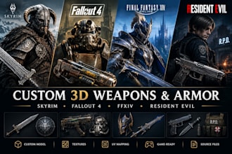 do 3d weapons and armor for skyrim, fallout 4, rdr2 ffxiv mods and resident evil