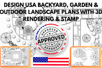 do USA backyard, garden and outdoor landscape plans with 3d rendering and stamp