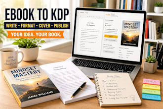 create a full done for you ebook from idea to KDP with writing formatting  cover
