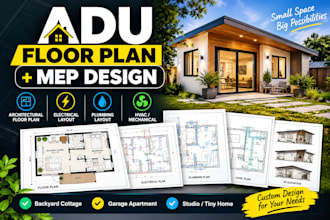 design adu architectural floor plan, mep for backyard cottage, garage apartment