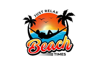design a tropical beach coconut tree hammock sunset vintage logo