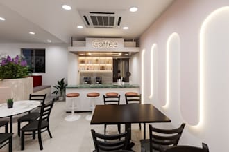 transform cafe layout to interior render,cozy restaurant design, lounge area cgi