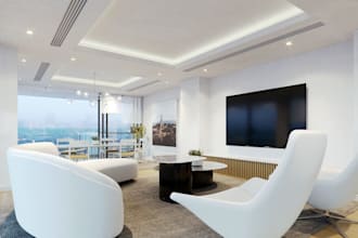 complete penthouse apartment 3d render, on suite bedroom cgi,dining area,kitchen
