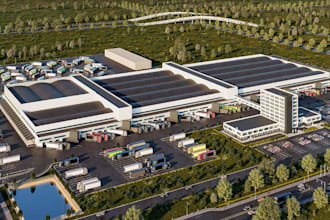 design 3d factory, warehouse, industrial building, machinery layout, logistics