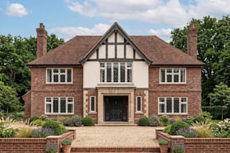 redesign uk building mock tudor, cgi exterior brick chimney,backyard pool design