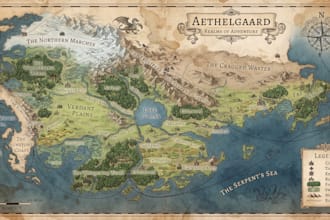 draw hand illustrate fantasy adventure fictional map custom landmark road terrai