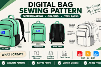 make digital bag sewing pattern, tech packs for all bags