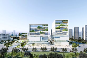 visualize 3d mixed use commercial complex, urban office building, high rise cgi