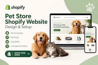 design pet grooming shopify store, pet food, dog bed, pet shopify website