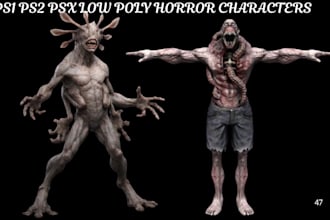 create creepy ps1 ps2 psx style low poly 3d horror game characters and rigging