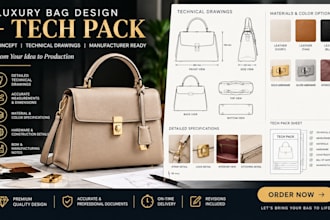 create luxury bag designs with technical drawings and production tech packs