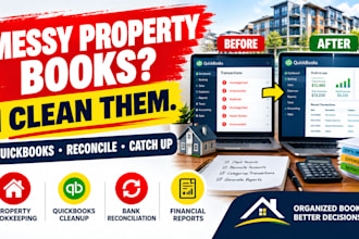 clean up property books, quickbooks, reconciliation, catchup, and reports