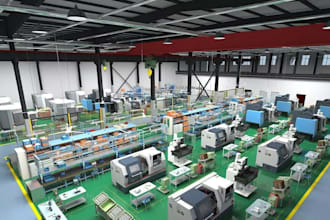 revamp3d factory layout,industrial warehouse interior,manufacturing plant render