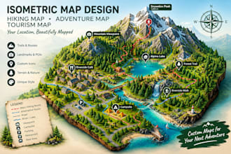 create an isometric hiking map, adventure map, tourism map