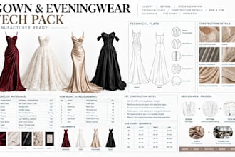 develop a manufacturer ready gown, evening and bridal wear tech pack