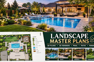 design 2d landscape master plans, 3d rendering, pool, patio and pergola
