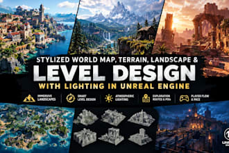 build stylized world map, terrain map, landscape, level design with lighting
