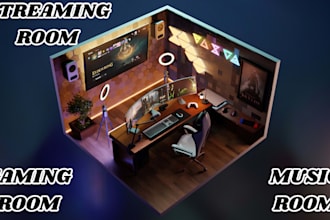 design 3d isometric gaming room, streaming room, cafe interior, study music room