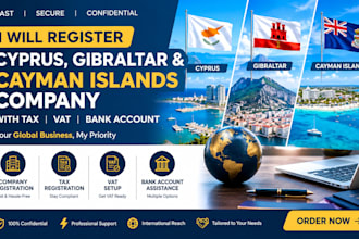 register cyprus, gibraltar, cayman islands company with tax, vat, bank