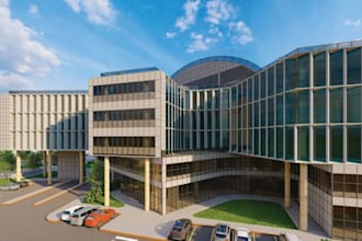 construct 3d industrial complex,public park space,block plan,glass facade render