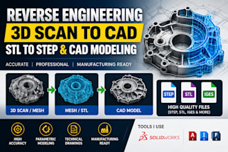 do reverse engineering, 3d scan to cad, stl to step and cad modeling