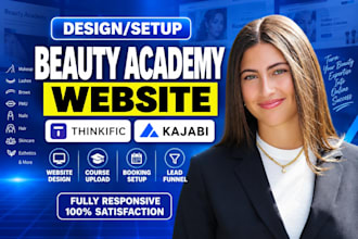 build thinkific beauty academy website, kajabi course upload booking lead funnel
