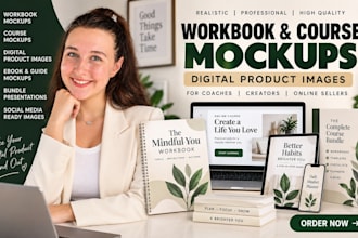 design realistic workbook mockups, coursemockups, digital product images