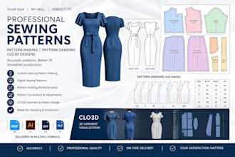 create a professional sewing patterns, pattern grading and clo3d designs
