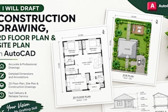 draft construction drawing, 2d floor plan and site plan in autocad