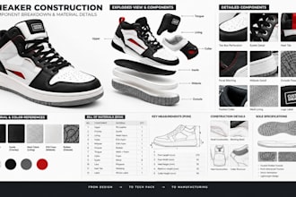 create custom sneaker tech pack with technical flats, bom and manufacturing spec