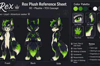 design a custom furry reference sheet, anthro character, plushie and ych concept