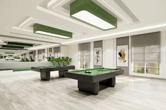 layout 3d minimalist game room,billiard pool table,interior furniture,cgi render
