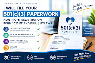 file your 501c3 paperwork, non profit registration, form 1023 ez and full, bylaw