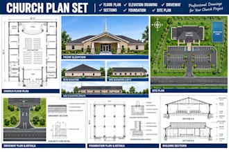 do church plan, elevation drawing, driveway, sections, foundation and site plans