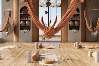 create photorealistic 3d gym, yoga and pilates interior design