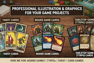 design illustration and graphics for board game cards, tabletop game, tarot card