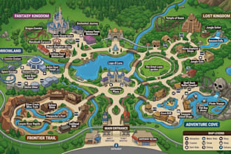 design custom amusement park map, theme park map, tourist and visitor guide map