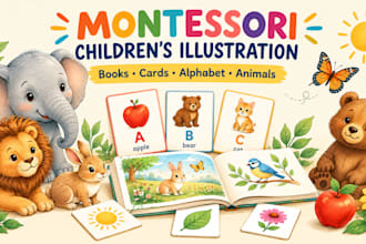 illustrate montessori children books with educational cards, alphabets, animals