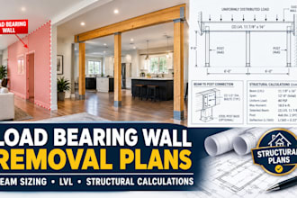 design load bearing wall removal plans, beam sizing and calculation