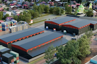 revit 3d commercial trucks park,industrial hub complex,warehouse exterior render