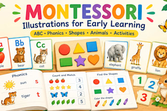 create montessori illustrations abc, shapes, animals, phonics, kids activities