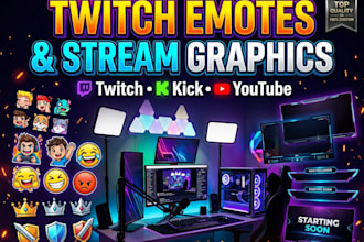 design twitch emotes, streamer graphics, overlays and badges for kick, youtube
