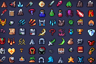 create pixel art game assets, logo, props, icons, items, badge and objects