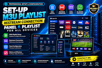 set up m3u playlist, restream connection, panel, playlist for all devices