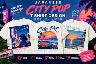 design a japanese city pop t shirt, retro 80s vintage graphic
