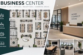 design business center floor plan, offices, reception and common areas