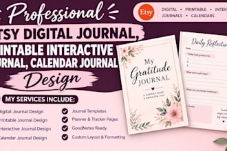 do etsy digital journal,  printable interactive journal, calender journal design