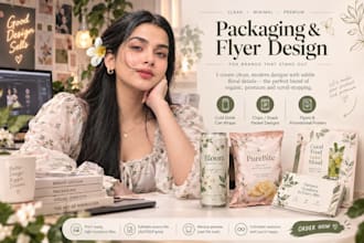 design minimalist floral packaging for cans, chips packets and flyers