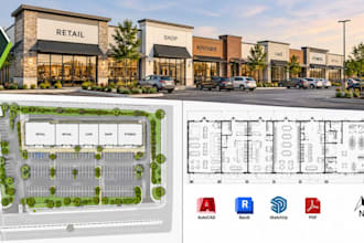 design shopping plaza site plan, parking layout and commercial floor plans