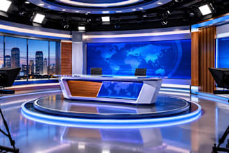 create a realistic 3d TV set, podcast studio and television studio design